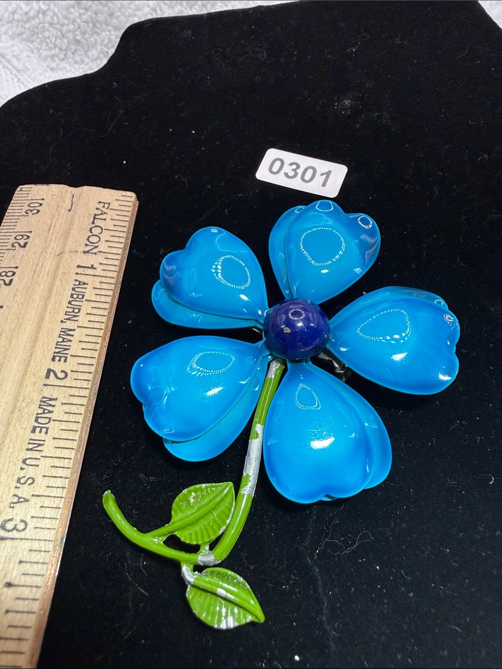 Vintage Blue Enamel Flower Brooch with Green Stem -